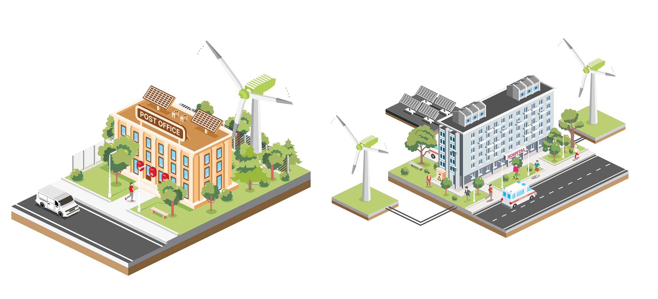 Schemat nowoczesnego biurowca wykorzystującego system zarządzania energią EMS do integracji fotowoltaiki z siecią energetyczną.
